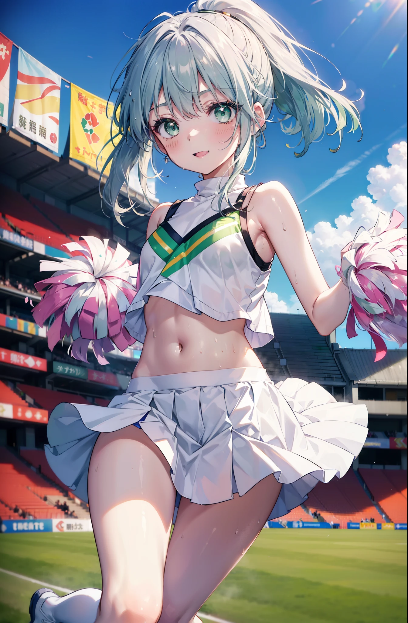 index, index, (green eyes:1.5), silver hair, long hair, (flat chest:1.2),smile,blush,open your mouth,ponytail,(Cheerleader), (whole body), lower, (sweaty), sweaty Wet Clothes, (white clothes), , Belly button support, playground, (jump), (jump), 足を曲げてjumpする, air, blue sky, Grass原, smile,Cheerleader, pom pom \(Cheerleader\), Grass, smile,
break looking at viewer, Upper body, whole body,
break indoors, stadium,
break (masterpiece:1.2), highest quality, High resolution, unity 8k wallpaper, (shape:0.8), (fine and beautiful eyes:1.6), highly detailed face, perfect lighting, Very detailed CG, (perfect hands, perfect anatomy),