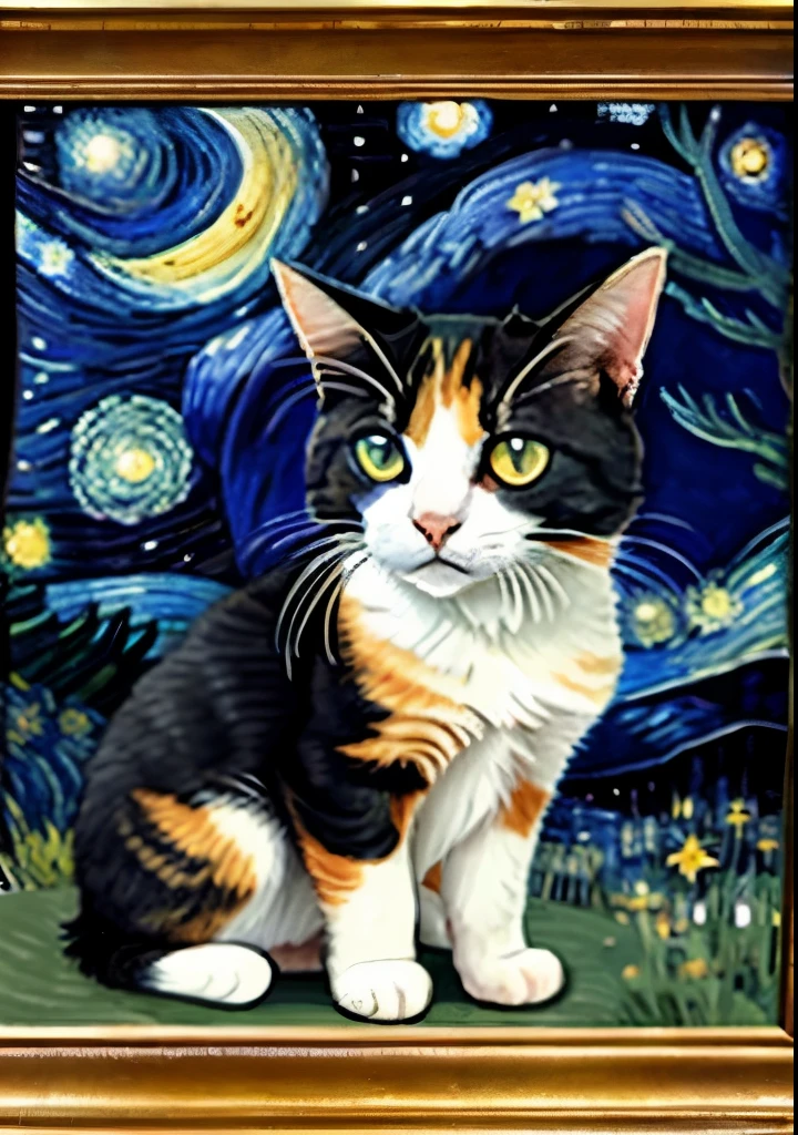 Calico cat in Van Gogh's The Starry Night