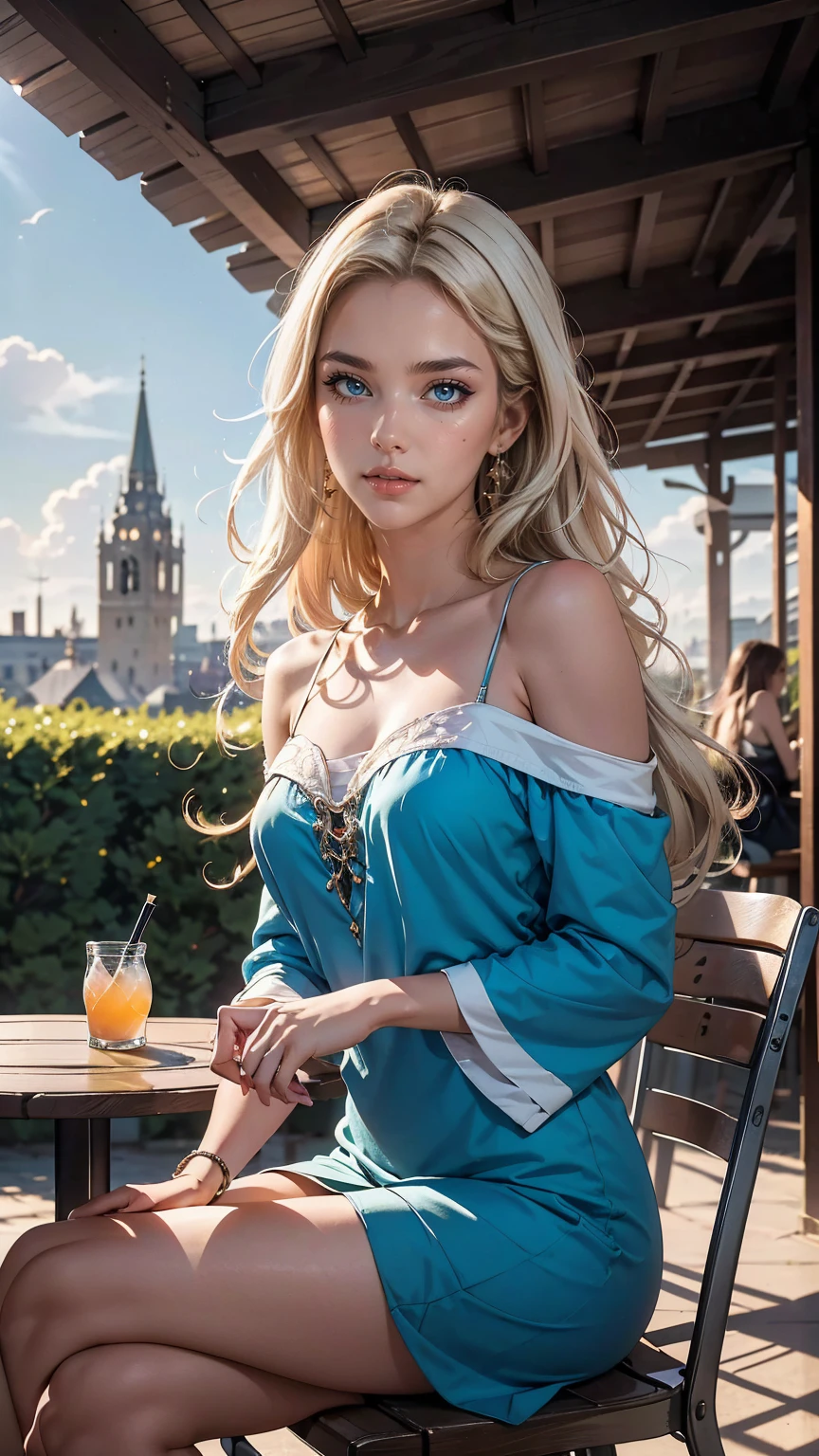 ((最high quality, 8K, masterpiece: 1.3, Ultra HD, high quality, 最high quality, High resolution, realism)) 、(high color saturation:1.0), (highly detailed skin), (最high quality:1.0), (超High resolution:1.0) ,(realistic:1.0), (Super detailed:1.0), (8K, Raw photo:1.1), slender、Slender, muscular body that&#39;s toned like an athlete&#39;s、I don&#39;t want my head to disappear from the screen.、Accessorize your wrist、Wearing red nail polish、I have a peticure、25 year old white woman、platinum blonde、blue eyes、long hair、hair above one eye、smile、Gothic historical building、Sit on a chair on the terrace in the courtyard、The table is decorated with a basket of fruit and cups of drinks.、Wear an off-shoulder bodycon dress、Wear high heelansion garden、Blooming profusely、The ground in the courtyard is grass、Surrounded by a hedge、Blue sky beautiful、It&#39;s early summer、The wind is pleasant