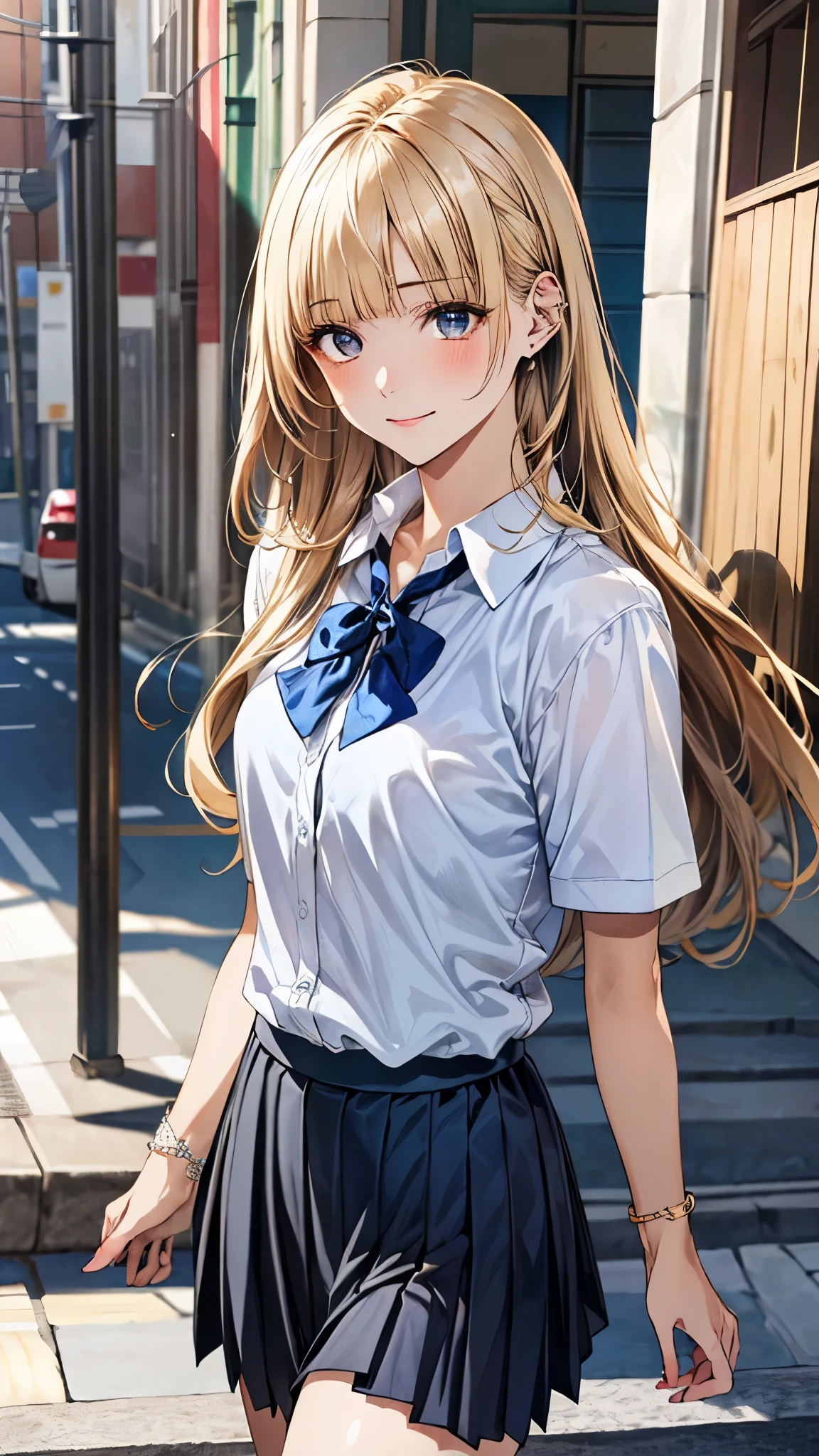 (masterpiece:1.2, top-quality), (realistic, photorealistic:1.4), beautiful illustration, (natural side lighting, movie lighting),
looking at viewer, full body, front view:0.6, 1 girl, japanese, high school girl, perfect face, cute and symmetrical face, shiny hair, shiny skin,
(long hair:1.2, straight hair:1.7, sideburns, ash blonde hair hair), asymmetrical bangs, blunt bangs, golden eyes, long eye lasher, (middle breasts),
beautiful hair, beautiful face, beautiful detailed eyes, beautiful clavicle, beautiful body, beautiful chest, beautiful thigh, beautiful legs, beautiful fingers,
((short sleeve white collared shirt, dark blue bow tie, dark blue pleated skirt), wrist chouchou),
(beautiful scenery), sidewalk, (walking, skirt hold), (false smile),