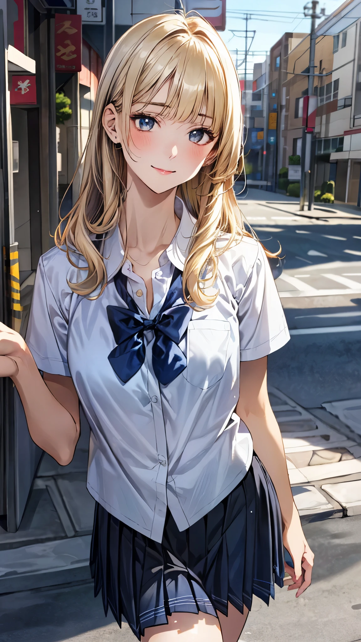 (masterpiece:1.2, top-quality), (realistic, photorealistic:1.4), beautiful illustration, (natural side lighting, movie lighting),
looking at viewer, full body, front view:0.6, 1 girl, japanese, high school girl, perfect face, cute and symmetrical face, shiny hair, shiny skin,
(long hair:1.2, straight hair:1.7, sideburns, ash blonde hair hair), asymmetrical bangs, blunt bangs, golden eyes, long eye lasher, (middle breasts),
beautiful hair, beautiful face, beautiful detailed eyes, beautiful clavicle, beautiful body, beautiful chest, beautiful thigh, beautiful legs, beautiful fingers,
((short sleeve white collared shirt, dark blue bow tie, dark blue pleated skirt), wrist chouchou),
(beautiful scenery), sidewalk, (walking, skirt hold), (false smile),