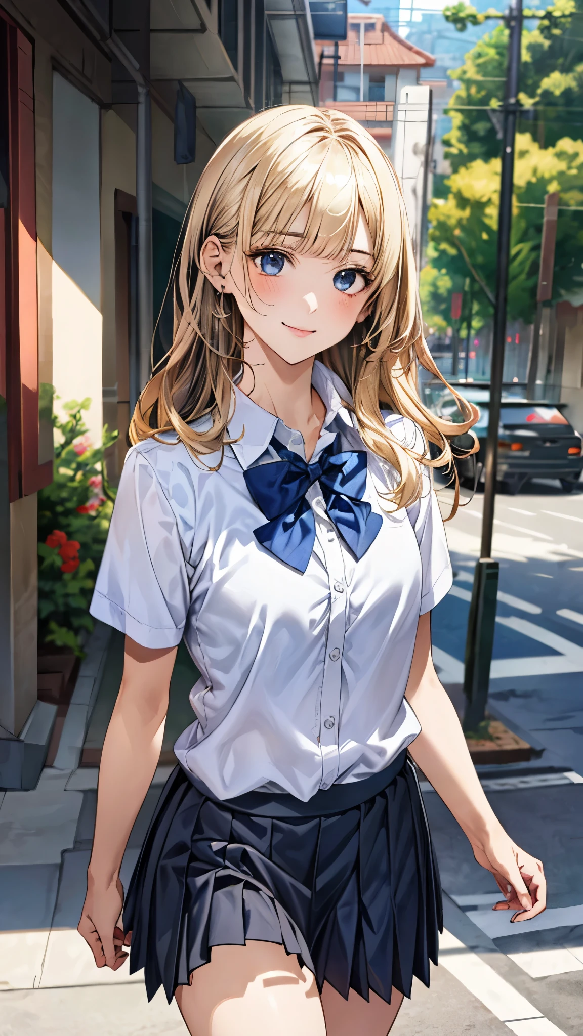 (masterpiece:1.2, top-quality), (realistic, photorealistic:1.4), beautiful illustration, (natural side lighting, movie lighting),
looking at viewer, full body, front view:0.6, 1 girl, japanese, high school girl, perfect face, cute and symmetrical face, shiny hair, shiny skin,
(long hair:1.2, straight hair:1.7, sideburns, ash blonde hair hair), asymmetrical bangs, blunt bangs, golden eyes, long eye lasher, (middle breasts),
beautiful hair, beautiful face, beautiful detailed eyes, beautiful clavicle, beautiful body, beautiful chest, beautiful thigh, beautiful legs, beautiful fingers,
((short sleeve white collared shirt, dark blue bow tie, dark blue pleated skirt), wrist chouchou),
(beautiful scenery), sidewalk, (walking, skirt hold), (false smile),