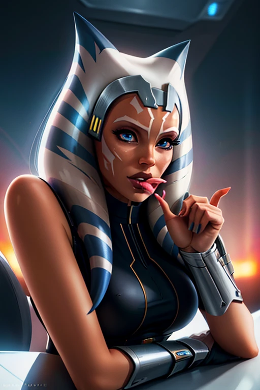 1girl, ahsoka tano, mandalorian armor, sideboob, skinny, leaning forward, close-up, pov, licking finger, naughty face, beautiful face, detailed eyes, depth of field, masterpiece, high quality, highres,  