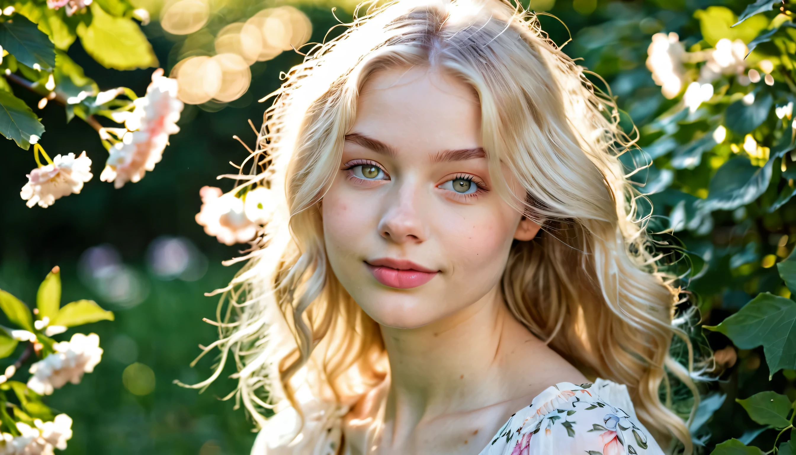 (best quality,8k,highres,masterpiece:1.2),ultra-detailed,(realistic,photorealistic,photo-realistic:1.37),beautiful Platinum blonde girl,Swedish girl,18 years old,pretty grey eyes,beautiful face, Sweet pale face,soft skin,subtle blush,long eyelashes,thin eyebrows, pink lips,slightly pink cheeks,shimmering highlight on cheeks,perfect skin texture,captivating neutral gaze,soft smile, radiant appearance,slender nose,porcelain complexion,natural beauty,subtle elegance,graceful posture,flowing golden hair,loose tumbling curls,feminine charm,gentle expression,peaceful atmosphere,sunlit garden with blooming flowers,green foliage,soft natural lighting,vibrant colors,ethereal ambiance,serene gaze,subtle innocence,dreamy and whimsical setting,light summer dress,airy fabric,delicate floral patterns,gentle breeze,rays of sunlight streaming through the leaves,magical and enchanting scene