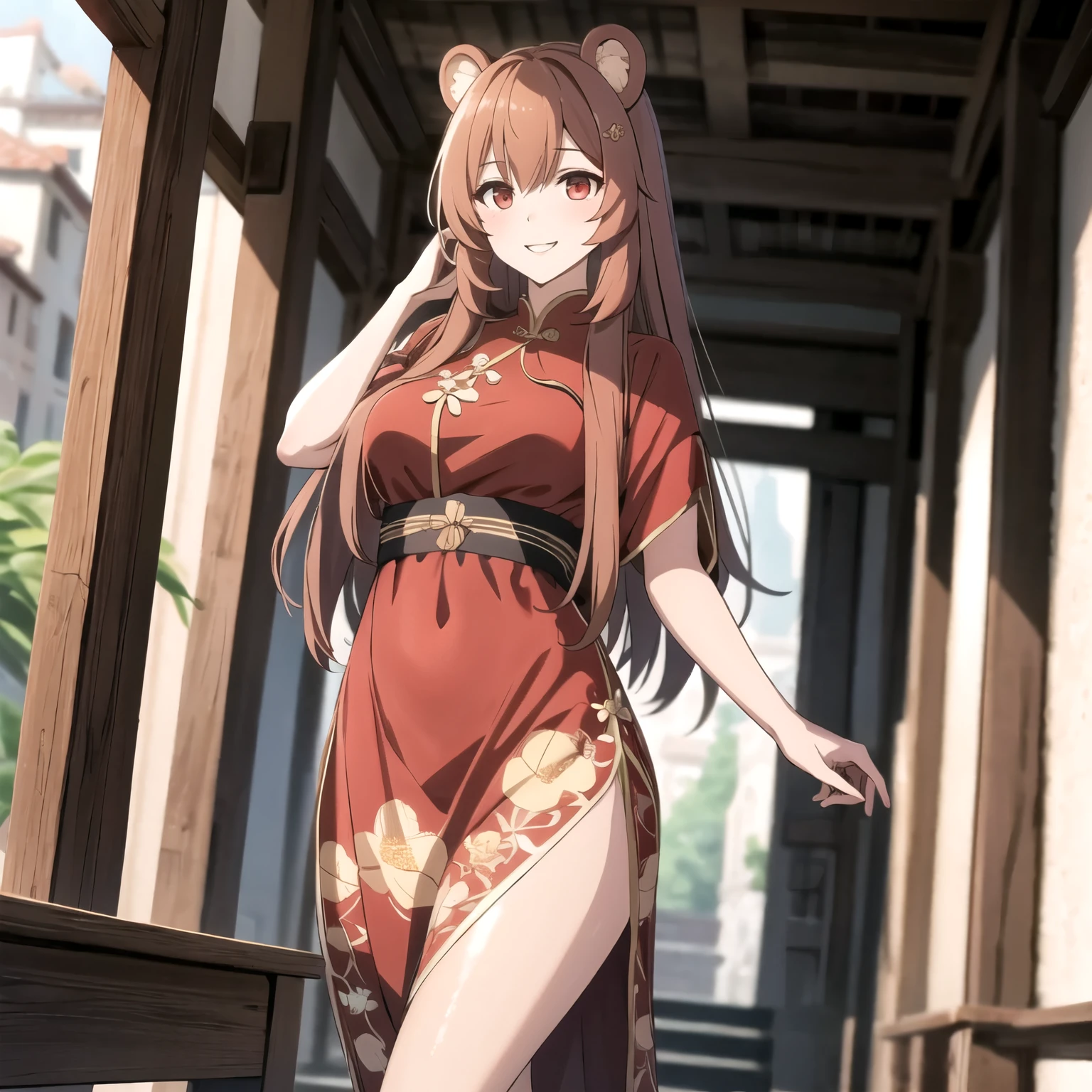 Raphtalia atractiva mujer. orejas de oso, cabello rubio naranja, red eyes like rubies, sonrisa boca abierta, rubor, pechos grandes, escote .Chinese revealing red sexy dress with floral design, de pie frete al espectador fondo un templo rosado