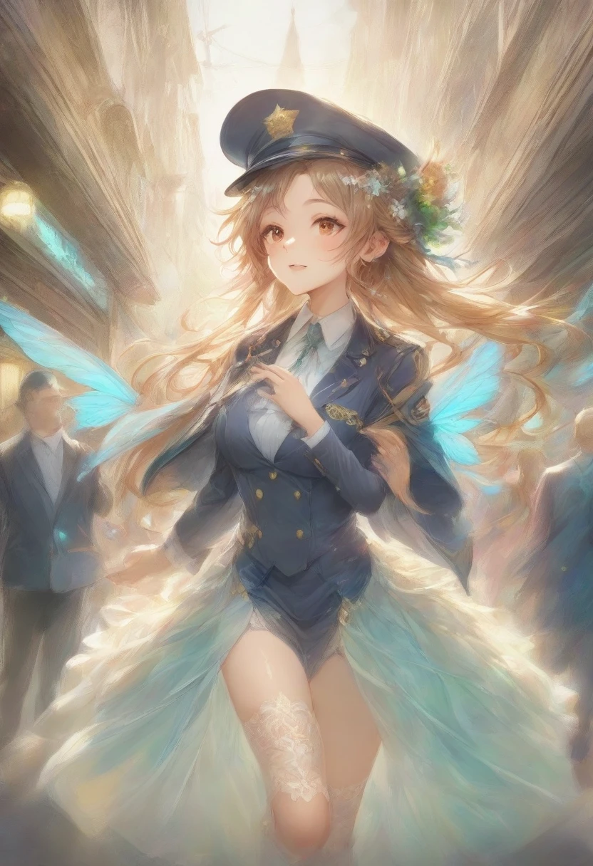 masterpiece, best quality, very aesthetic, absurdres, full body shot,(police costume:1.3), (button gap:0), police skirt, police cap, stockings with garter, on the crowed street, spirit of the wind, 1girl, asuna \(sao\), sword art online