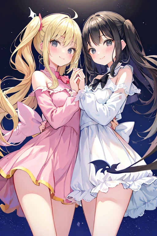 beautiful illustrations, highest quality, pretty girl,beautiful girl、clear face、 half girl、pastel colour ,blonde、black hair、black eyes、smile、blush、にこやかなsmile、thighs、Devil girl and angel girl、two girls、fantasy、fantasy、perfect hands、five fingereet、facing each other、