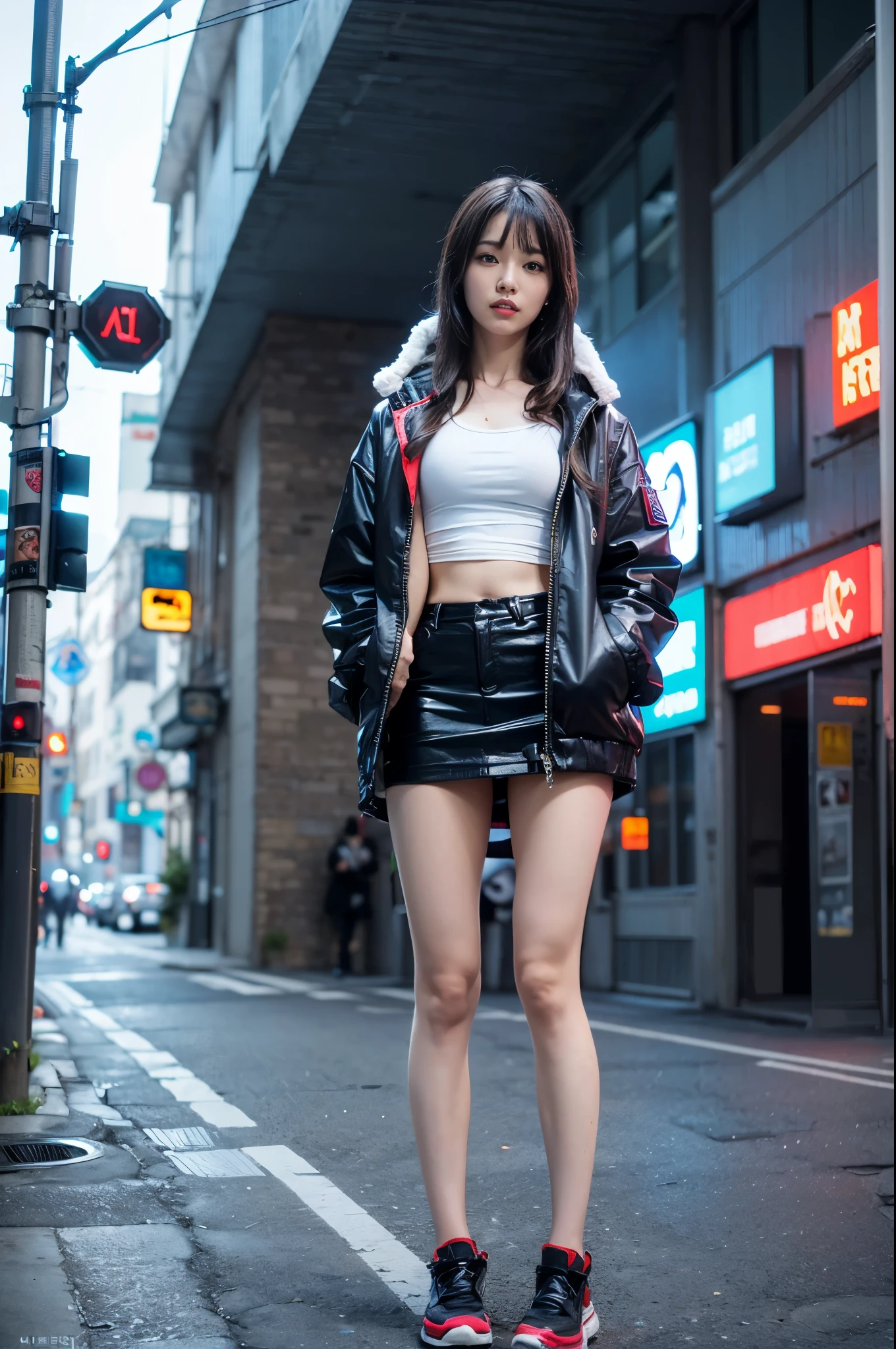 TopQuality 8K UltraDetailed Masterpiece(ProfessionalPHOTO:1.37), ExtremelyDetailed(Office Ladies), Gigantic Cleavage, Undressing ((pull down panties:1.28)) ((panty pull)) (wearing skirt:1.18), Dusk {((Shibuya Scramble Crossing)) | Large Screen | Unbuttoned White Shirt | Blood Stained (white panties) | Red Shoes}, (Acutance:0.8)(Luminism:1.2), Blurrd Colorful Lights, Snow Particles ,