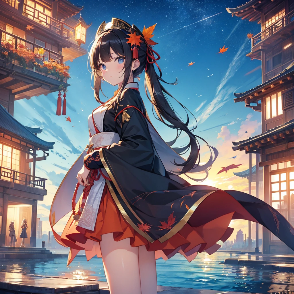 official art, unity 8k wallpaper, super detailed, beautiful and aesthetic, masterpiece, highest quality, (fire, water, ribbon, paper cutting), (fractal art:1.3) 1 girl,building, (alone:1.5), Chinese_Clothes, null, outdoor, wide_sleeve, black_hair, sunset, (fall_leaf:1.2), Antan, (paper_lAntan:1.5),blue null, (outdoor:1.5),漢Clothes, (rainbow candy:0.8), (style swirl magic:0.8),