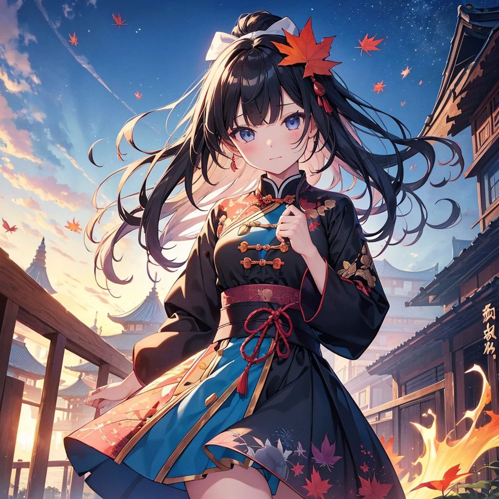 official art, unity 8k wallpaper, super detailed, beautiful and aesthetic, masterpiece, highest quality, (fire, water, ribbon, paper cutting), (fractal art:1.3) 1 girl,building, (alone:1.5), Chinese_Clothes, null, outdoor, wide_sleeve, black_hair, sunset, (fall_leaf:1.2), Antan, (paper_lAntan:1.5),blue null, (outdoor:1.5),漢Clothes, (rainbow candy:0.8), (style swirl magic:0.8),