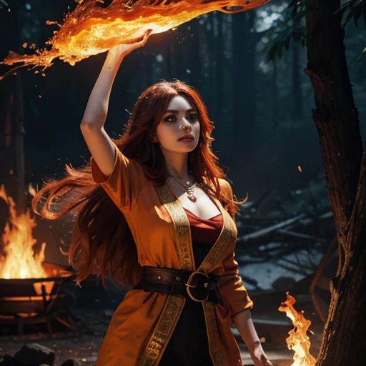Oil painting,full height,The fiery sorceress, wrapped in a halo of flame, beckons, her eyes blazing with fire. Her hair, a cascade of vibrant reds and oranges, her outfit the color of molten lava, she holds a mystical pendant in the air, Flames dancing around her, power over the element of fire. Her allure is as strong as the hell she wields, drawing you into a world where fire is not only a force of destruction, but also a symbol of wild beauty
