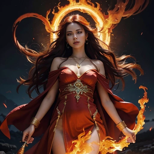 Oil painting,full height,The fiery sorceress, wrapped in a halo of flame, beckons, her eyes blazing with fire. Her hair, a cascade of vibrant reds and oranges, her outfit the color of molten lava, she holds a mystical pendant in the air, Flames dancing around her, power over the element of fire. Her allure is as strong as the hell she wields, drawing you into a world where fire is not only a force of destruction, but also a symbol of wild beauty