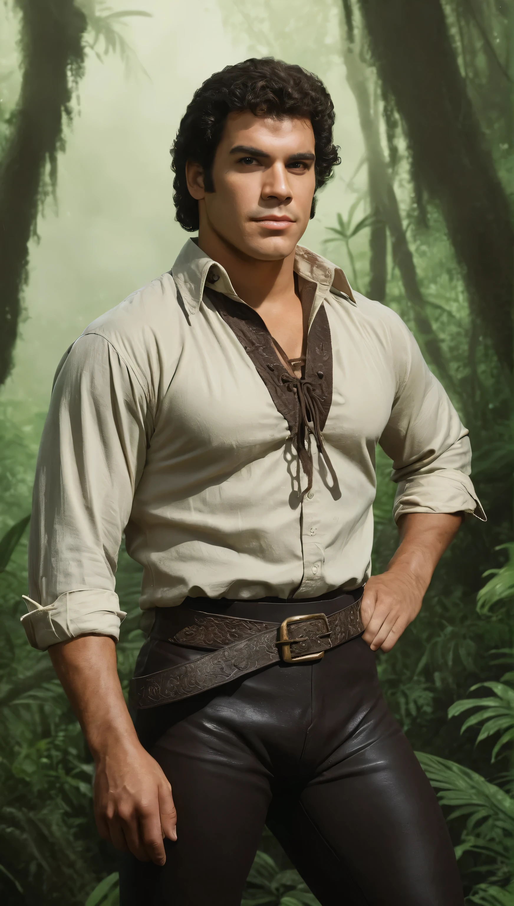 An illustrated movie poster, hand-drawn, full color, a explorer man, 25 years-old, wearing pirate breeches and a lace-up shirt, resembles a young Lou Ferrigno, sun-tanned skin, round face, average height, broad shoulders, soft belly, slightly chubby, deep brown eyes, wide bulbous nose, black hair, curly taper fade, thick bushy eyebrows, extremely hairy chest, stomach, and arms, lots of body hair, posing in a rainforest, wet listening skin, hard shadows, graphite shading, stencil marks, airbrushed acrylic paint, masterpiece, in the style of Skyrim