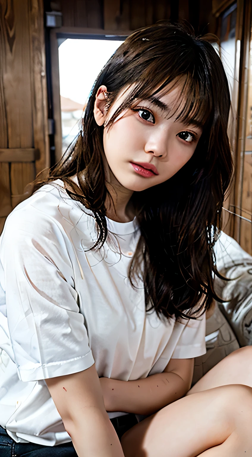 Japan Girl,beautiful girlfriend,a beauty,Raw foto,8K,morning sun lighting,Gray T-shirt and jeans miniskirt,Smooth long hair,A dark-haired,A detailed face,Detailed skin,Detailed eyes,(Slim body:1.3), girl in,About 23 years old,