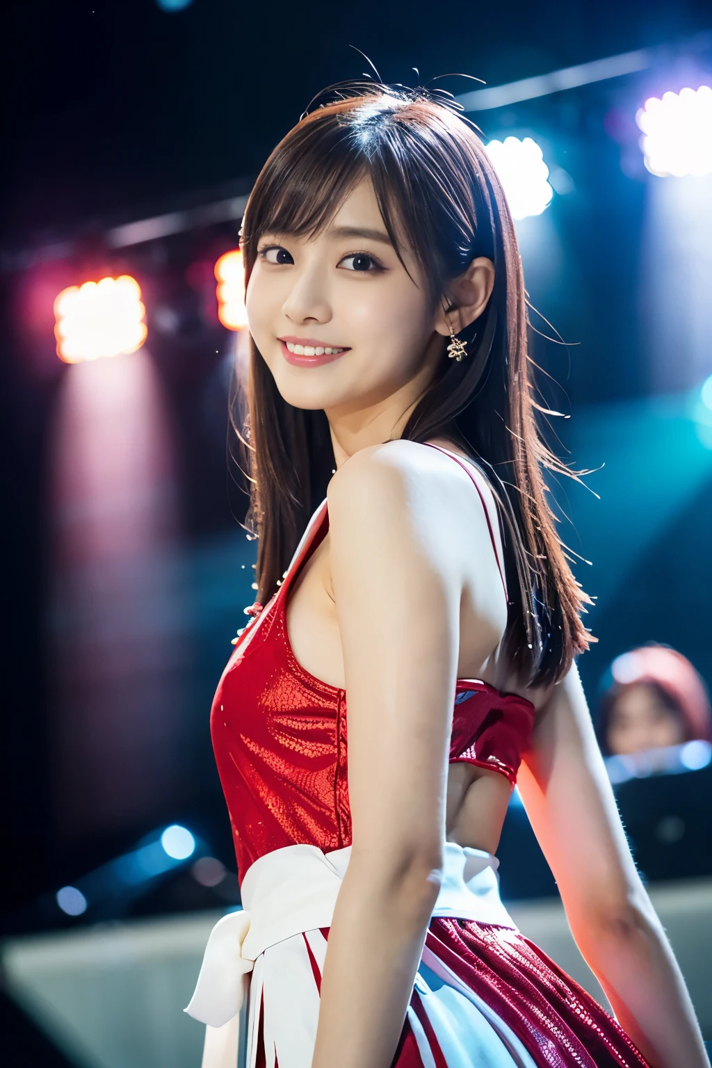 
1 girl, (Wearing a bright red idol costume:1.2), A photo book of very beautiful Nogizaka idols, 
(Raw photo, highest quality), (realistic, Photoreal:1.4), (masterpiece), 
very delicate and beautiful, very detailed, 2k wallpaper, wonderful, finely, very detailed CG Unity 8K 壁紙, Super detailed, High resolution, soft light, 
beautiful detailed girl, very detailed目と顔, beautifully detailed nose, finelyて美しい目, cinematic lighting, 
(idol concert:1.4), (The background is a stage:1.3), 
complete anatomy, slender body, small, smile