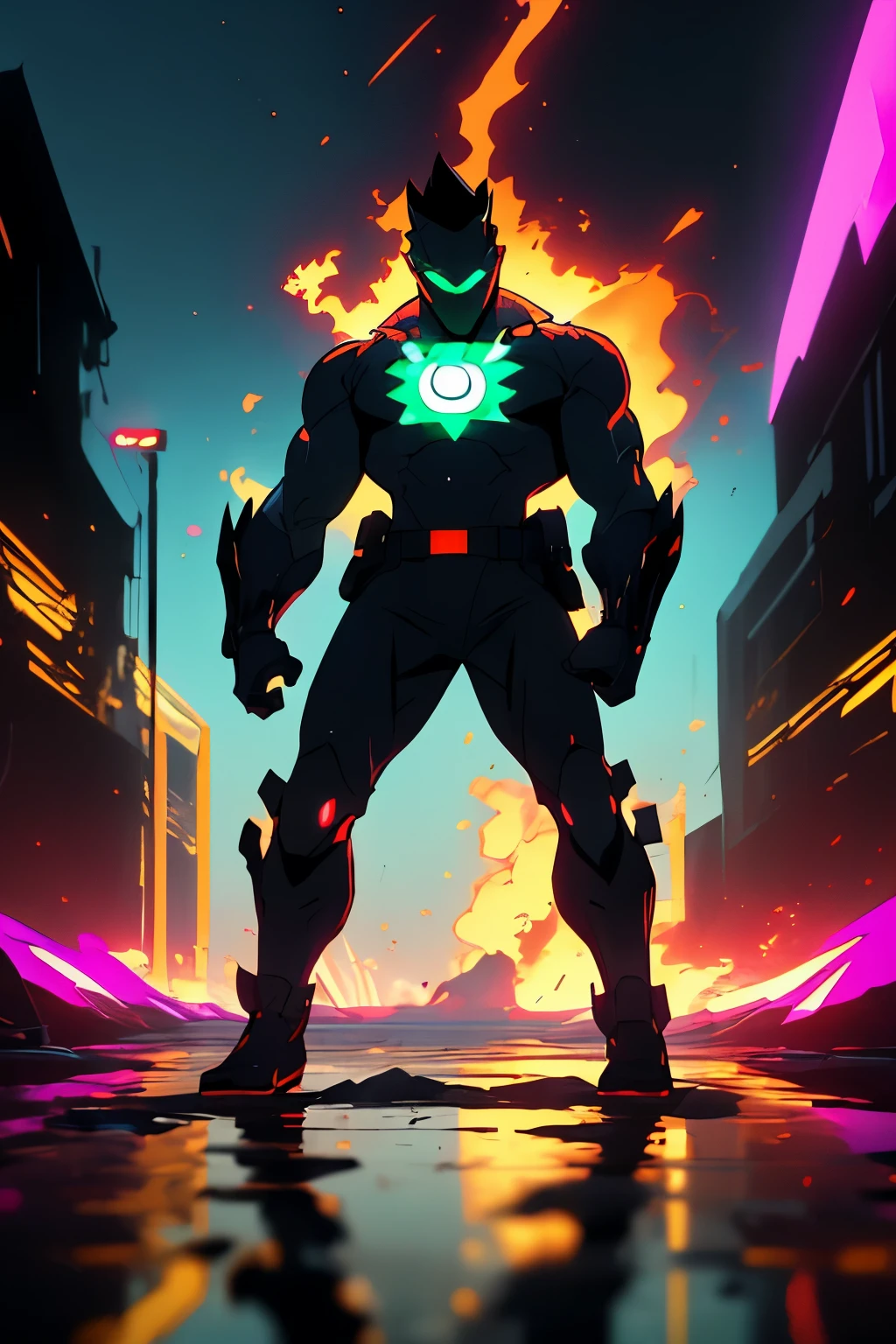 a futuristic version of the Green Lantern as a villain in the year 2077. The AI should envision a dystopian aesthetic, incorporating advanced technology and dark elements into the character's costume and environment, reflecting a sinister turn for the traditionally heroic figure.