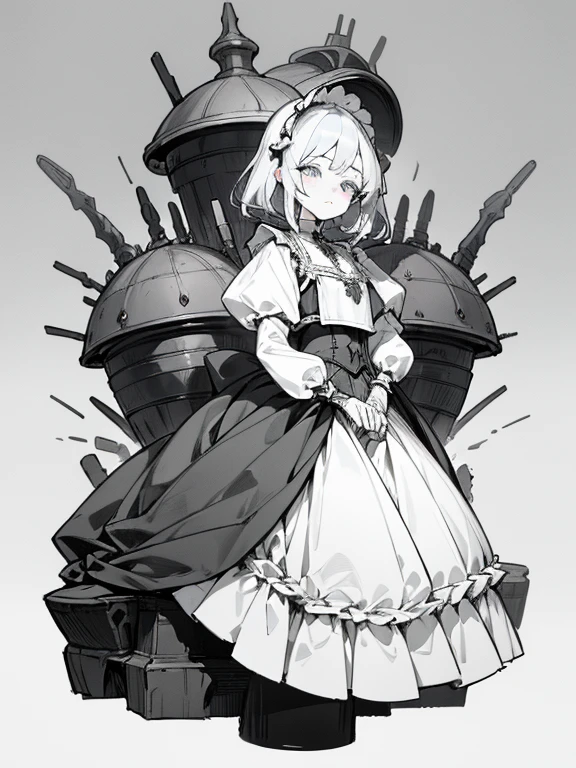 middle ages、13 year old ball jointed automaton、Only one girl、Cold eyes、Wearing a classic maid outfit。simple background