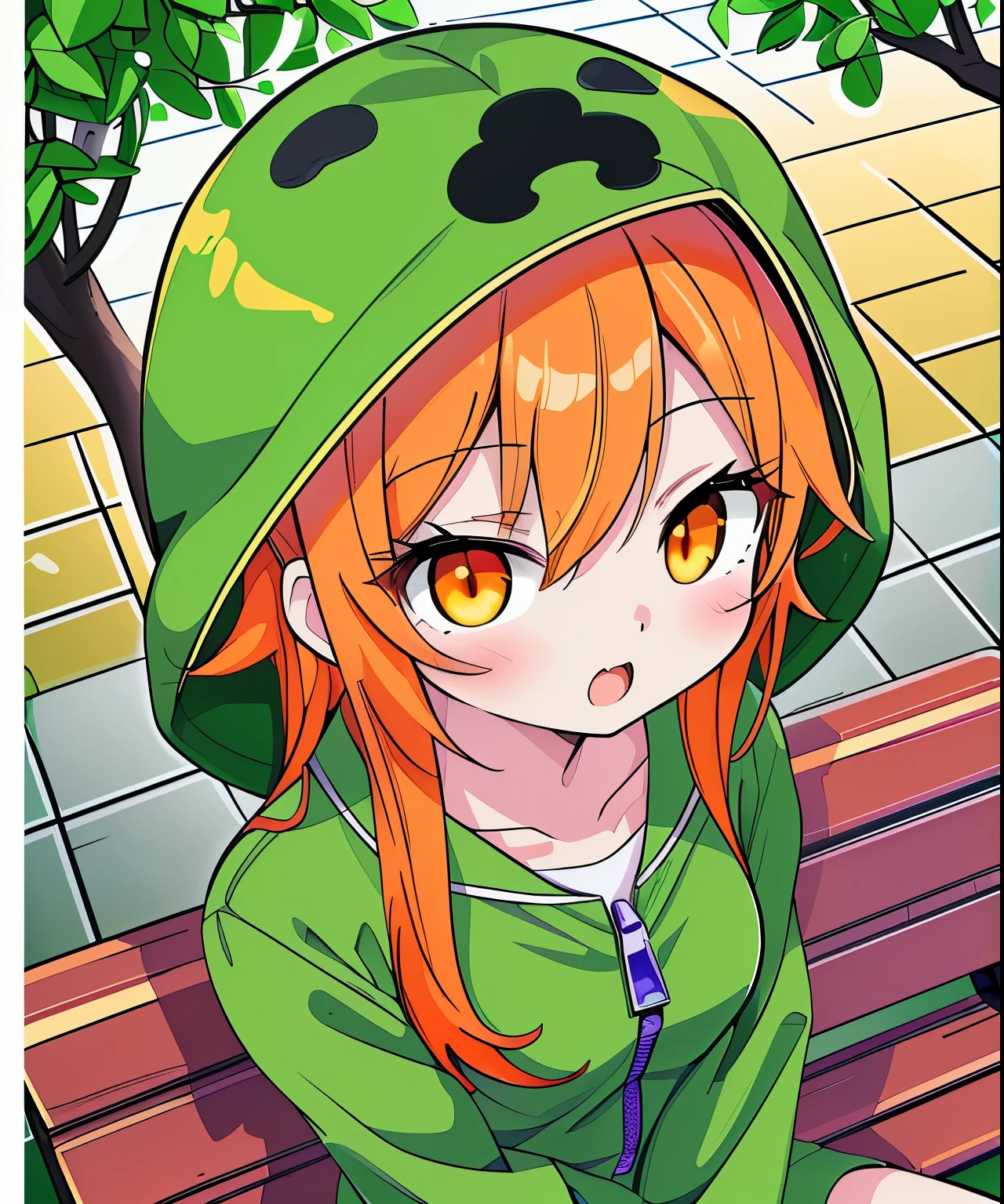 extremely detailed, Ridiculous, ultra high definition, Super detailed, best quality, 1 girl, alone, beautiful hands, perfect hands, 休息 幸福的lol容, lol, happy, open mouth, Tiger teeth rest hands behind body, from above, Cowboy shooting, looking at viewer resting slender, kawaii, Perfectly symmetrical face shape, Super cute girl, Super cute face, Super detailed eyes, super fine hair, Super cute, ultra beautiful resting wearing green hood,Wearing a green zipper sweatshirt,A cup,Long orange hair hanging on the chest,orange eyes,fingerless gloves,Green shorts resting on bench,Resting on the right side of the eye against the rainy background,uninhabited street 休息 下雨背景,uninhabited street