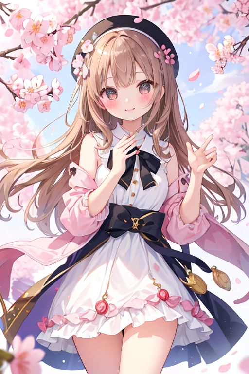 beautiful illustrations, highest quality, pretty girl,beautiful girl、clear face、 half girl、pastel colour 、brown hair、black eyes、smile、blush、にこやかなsmile、thighs、fantasy、fantasy、perfect hands、five fingers、cherry blossoms吹雪、cherry blossoms