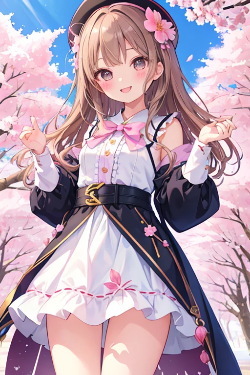beautiful illustrations, highest quality, pretty girl,beautiful girl、clear face、 half girl、pastel colour 、brown hair、black eyes、smile、blush、にこやかなsmile、thighs、fantasy、fantasy、perfect hands、five fingers、cherry blossoms吹雪、cherry blossoms