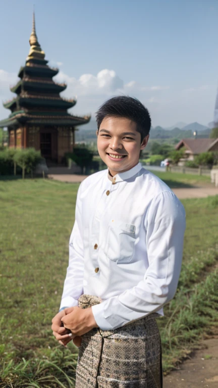 20 years old Beautiful Burmese in traditional dress boy Smiling face, friendly look, smiling at the camera, detailed clear view background, pagodas seen in the distance, farmland, natural beauty fullbudy