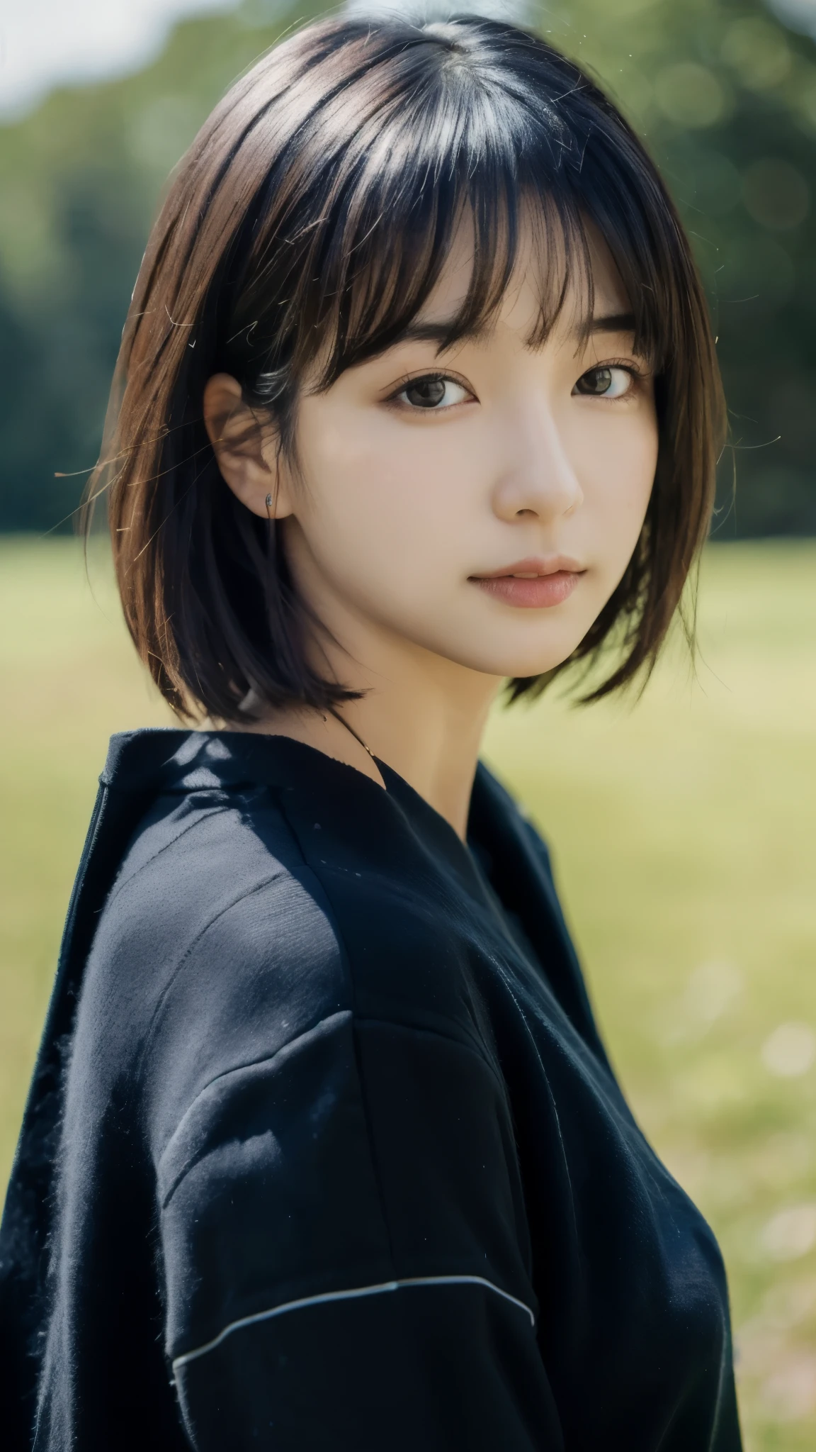 , blown by the long wind [Blue-black:.3] hair,looking at the viewer, (masterpiece:1.3), (8K, realistic, Raw photo, highest quality: 1.4), Japanese, (1 girl), beautiful face, (realistic face), (black hair, short hair:1.3), beautiful hairstyle, realistic eyes, detailed and beautiful eyes, (realistic skin), beautiful skin, Charm, ultra high resolution, surreal, very detailed, golden ratio,beautiful girl,Idol,Blurred feeling