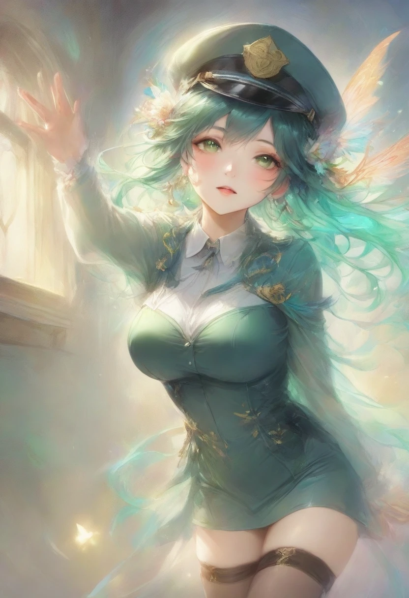 masterpiece, best quality, very aesthetic, absurdres, full body shot,(police costume:1.3), (button gap:0), police skirt, police cap, stockings with garter, on the crowed street, spirit of the wind, 1girl, byleth \(female\) \(fire emblem\), fire emblem
