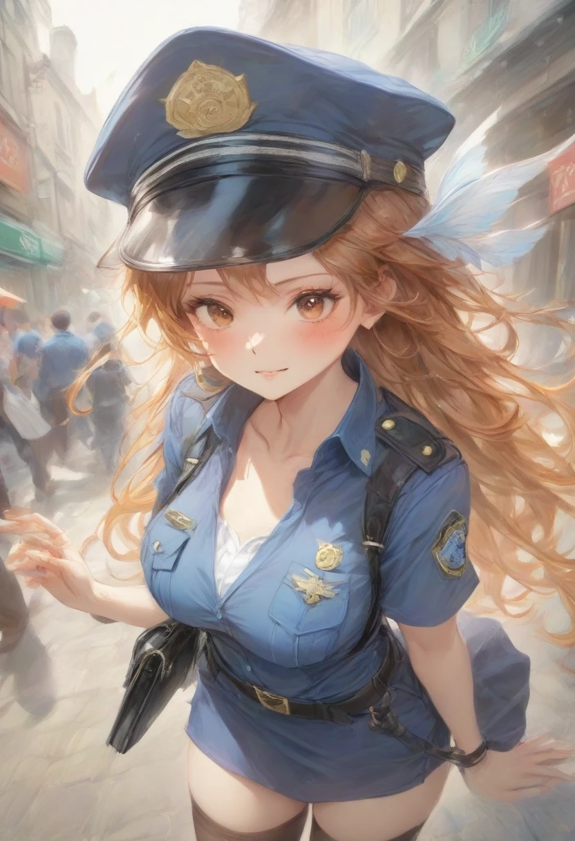 masterpiece, best quality, very aesthetic, absurdres, full body shot,(police costume:1.3), (button gap:0), police skirt, police cap, stockings with garter, on the crowed street, spirit of the wind, 1girl, nami \(one piece\), one piece
