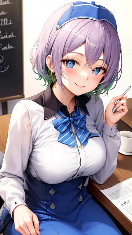 Smiling and talking to me ,  pastel colored date clothes , During a date at a cafe. She is sitting next to the counter.  , On a date ,  various poses ,  various angles ,  various top and bottom angles , micro mini skirt