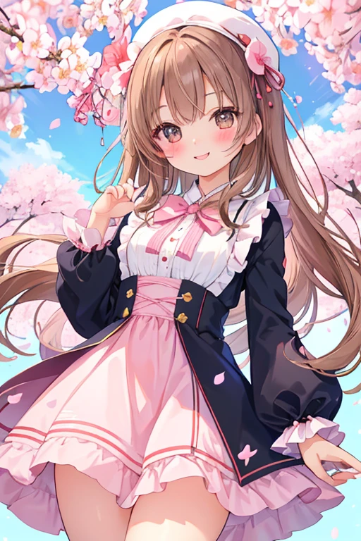 beautiful illustrations, highest quality, pretty girl,beautiful girl、clear face、 half girl、pastel colour 、brown hair、black eyes、smile、blush、にこやかなsmile、thighs、fantasy、perfect hands、five fingers、cherry blossoms吹雪、cherry blossoms、goblin
