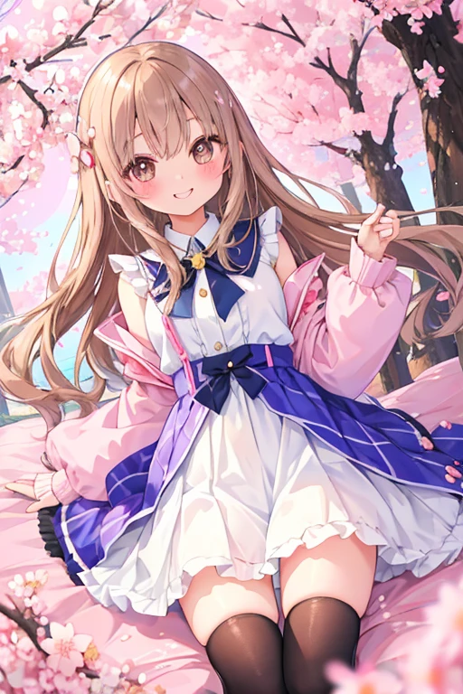 beautiful illustrations, highest quality, pretty girl,beautiful girl、clear face、 half girl、pastel colour 、brown hair、black eyes、smile、blush、にこやかなsmile、thighs、fantasy、perfect hands、five fingers、cherry blossoms吹雪、cherry blossoms、goblin