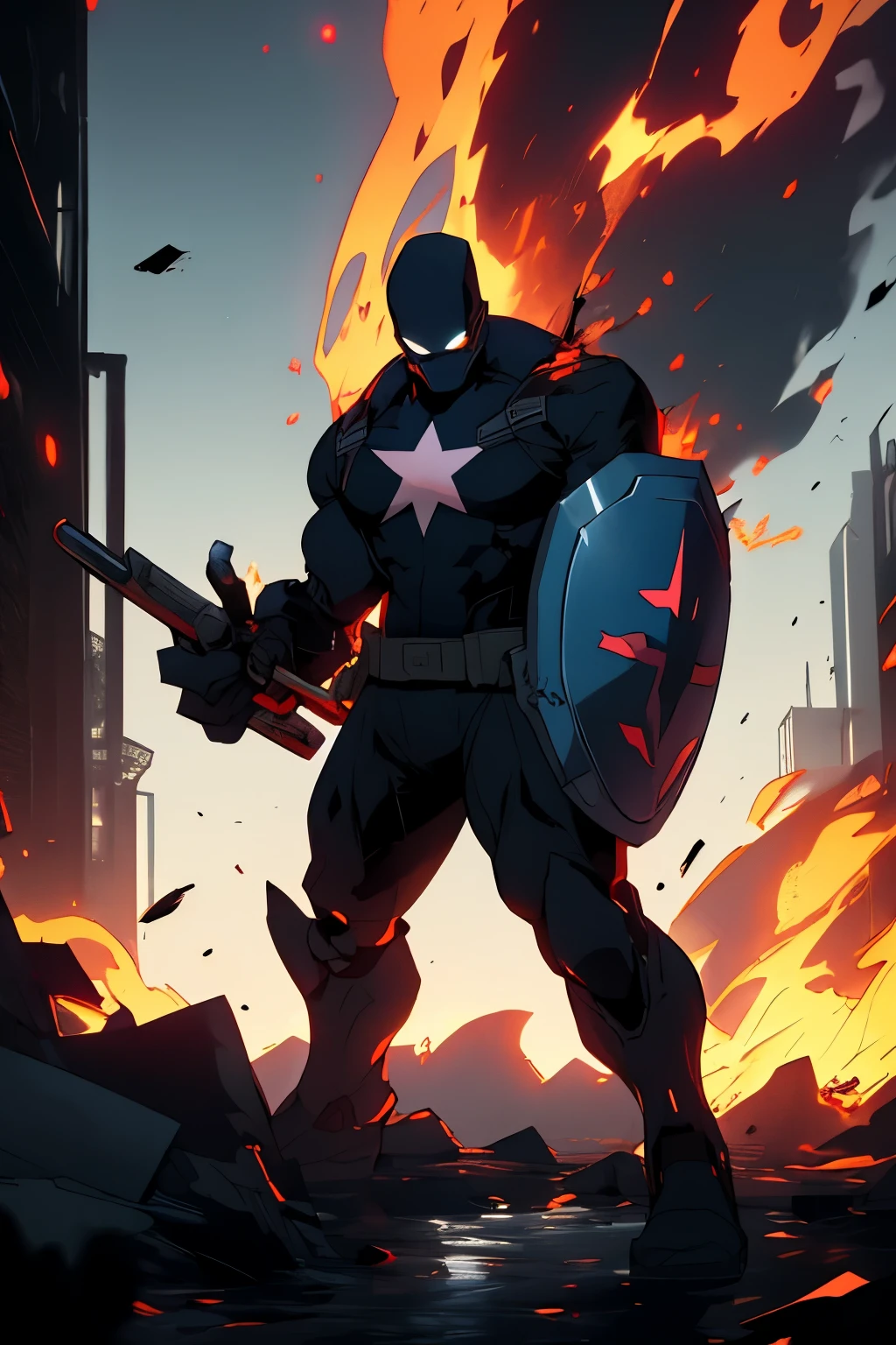  Captain America as a villain in the year 2077. The artwork should reflect a dystopian future, with Captain America donning an intimidating and perhaps cybernetically enhanced suit. Incorporate elements that signify his turn to villainy, such as a darker color palette, menacing eyes, or a twisted version of his iconic shield. The setting should include futuristic, possibly damaged cityscape indicative of his reign of terror. Capture a pose that exudes power and malevolence, standing against a backdrop that suggests a story of downfall and corruption.