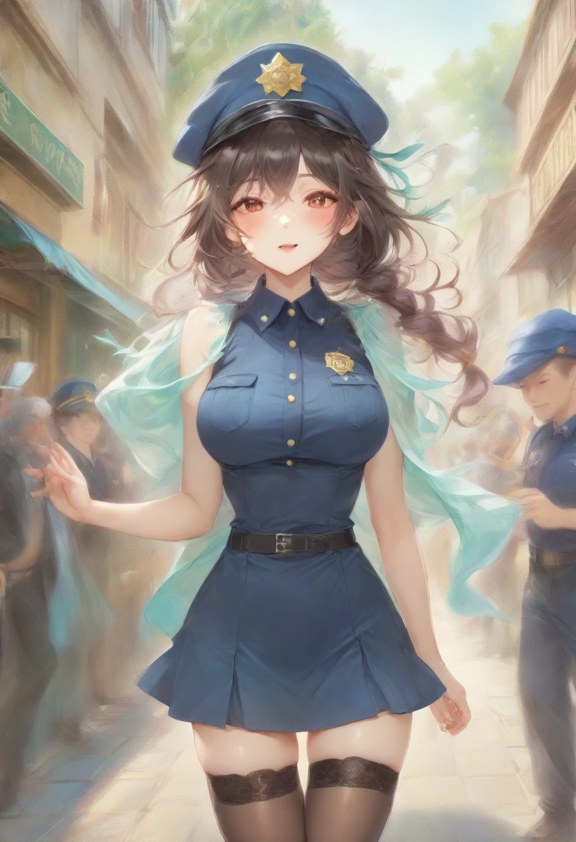 masterpiece, best quality, very aesthetic, absurdres, full body shot,(police costume:1.3), (button gap:0), police skirt, police cap, stockings with garter, on the crowed street, spirit of the wind, 1girl, aqua \(konosuba\), kono subarashii sekai ni shukufuku wo!