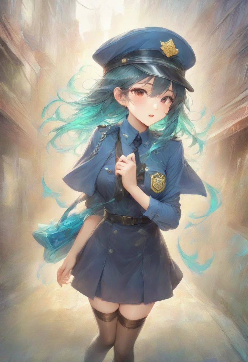 masterpiece, best quality, very aesthetic, absurdres, full body shot,(police costume:1.3), (button gap:0), police skirt, police cap, stockings with garter, on the crowed street, spirit of the wind, 1girl, aqua \(konosuba\), kono subarashii sekai ni shukufuku wo!