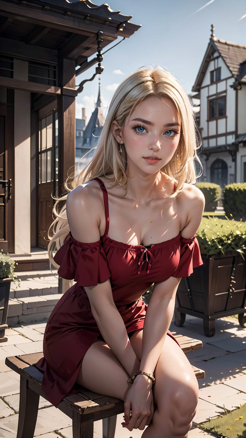 ((最high quality, 8K, masterpiece: 1.3, Ultra HD, high quality, 最high quality, High resolution, realism)) 、(high color saturation:1.0), (highly detailed skin), (最high quality:1.0), (超High resolution:1.0) ,(realistic:1.0), (Super detailed:1.0), (8K, Raw photo:1.1), slender、Slender, muscular body that's toned like an athlete's、I don't want my head to disappear from the screen.、Accessorize your wrist、Wearing red nail polish、I have a peticure、25 year old white woman、platinum blonde、blue eyes、long hair、hair above one eye、smile、Gothic historical building、Sit on a chair on the terrace in the courtyard、The table is decorated with a basket of fruit and cups of drinks.、Wear an off-shoulder bodycon dress、Wear high heelansion garden、Blooming profusely、The ground in the courtyard is grass、Surrounded by a hedge、Blue sky beautiful、It's early summer、The wind is pleasant