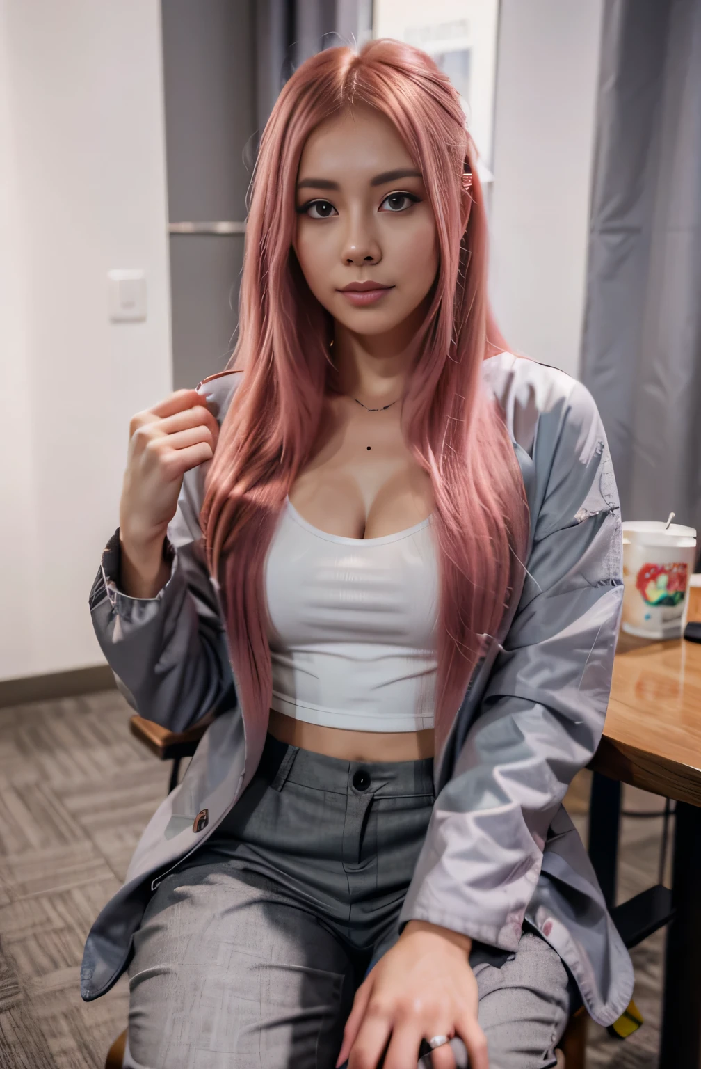 arafed woman in open long pink hair wearing grey colour coat and pant suit holding a ipad sitting on a chair and table, ross tran 8 k, smooth pink skin, alena aenami and artgerm, some pink, seductive anime girl, 8k high quality detailed art, badass anime 8 k, photorealistic anime girl render, thicc, girl, beautiful alluring anime woman, 3 d anime realistic