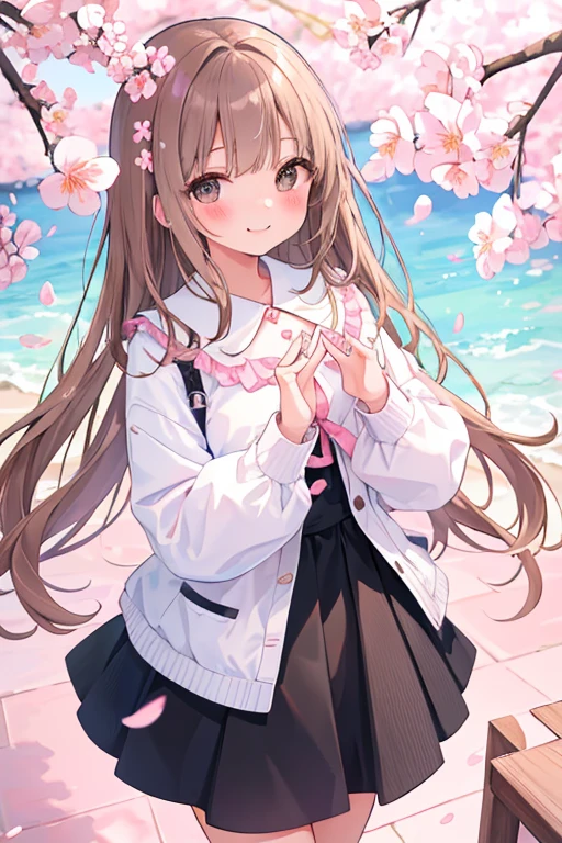 beautiful illustrations, highest quality, pretty girl,beautiful girl、clear face、 half girl、pastel colour 、brown hair、black eyes、smile、blush、にこやかなsmile、thighs、perfect hands、five fingers、cherry blossoms吹雪、cherry blossoms