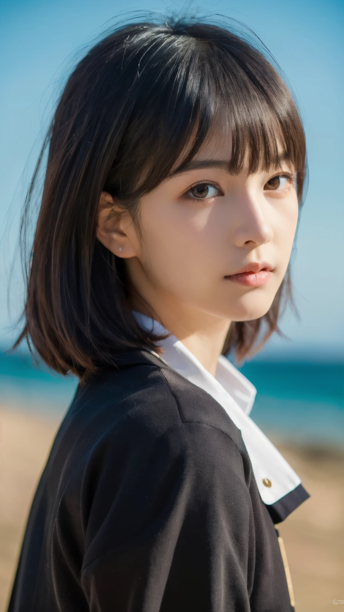 blown by the long wind [Blue-black:.3] hair,looking at the viewer, (masterpiece:1.3), (8K, realistic, Raw photo, highest quality: 1.4), Japanese, (1 girl), beautiful face, (realistic face), (black hair, short hair:1.3), beautiful hairstyle, realistic eyes, detailed and beautiful eyes, (realistic skin), beautiful skin, Charm, ultra high resolution, surreal, very detailed, golden ratio,beautiful girl,Idol,uniform