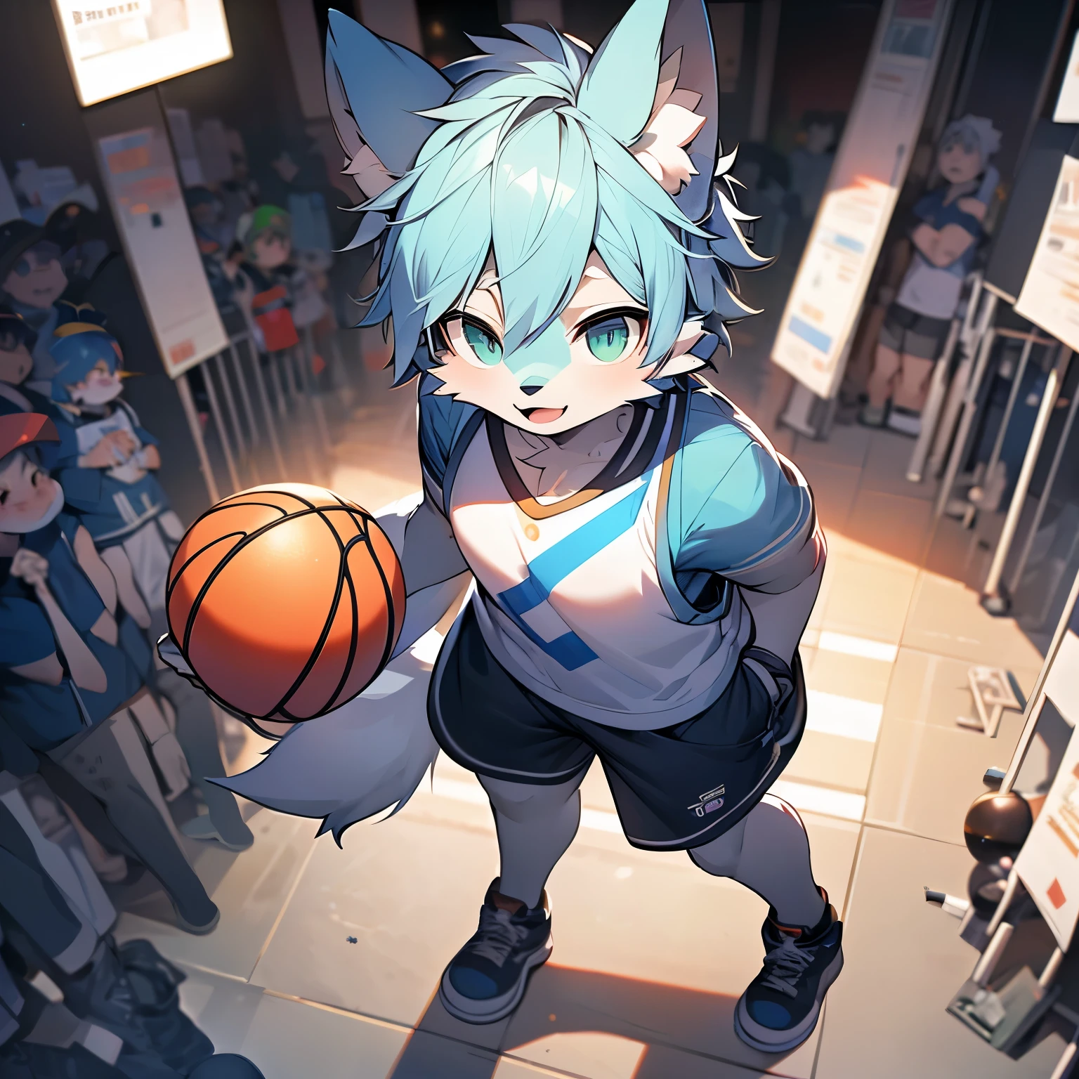 youth，Shota，blue hair and white hair，male， stand up， masterpiece， High resolution，8K，blank background，high quality， boy，looking at the audience，view，View from the front，Shorter pantaleFocus，A huge bag forms in the crotch，Wolf&#39;s facial features，solo，green pupils，Basketball Jersey Tops，shorts