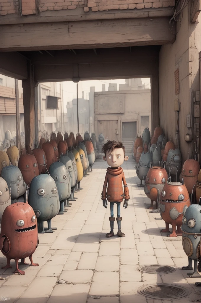 retro:1.3, biped robot(1Cuerpo), color tierra y cian, punk, feliz, Optimista, Jerome Jerome Jerome, Gabriel Pacheco:1.3、fondo antiguo teatro、iluminando el robot como en un escenario de teatro、dark warehouse