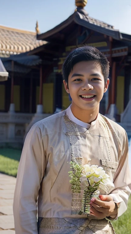 20 years old  Beautiful Burmese in traditional dress  boy  Smiling face, friendly look, smiling at the camera, detailed clear view background, pagodas seen in the distance, farmland, natural beauty fullbudy 
