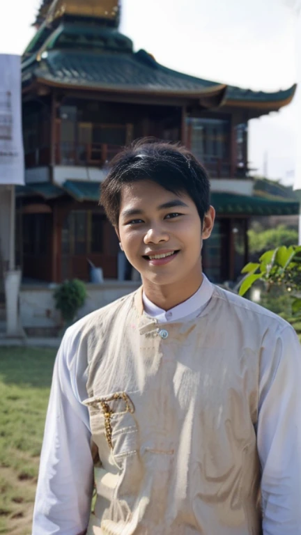 20 years old Beautiful Burmese in traditional dress boy Smiling face, friendly look, smiling at the camera, detailed clear view background, pagodas seen in the distance, farmland, natural beauty fullbudy