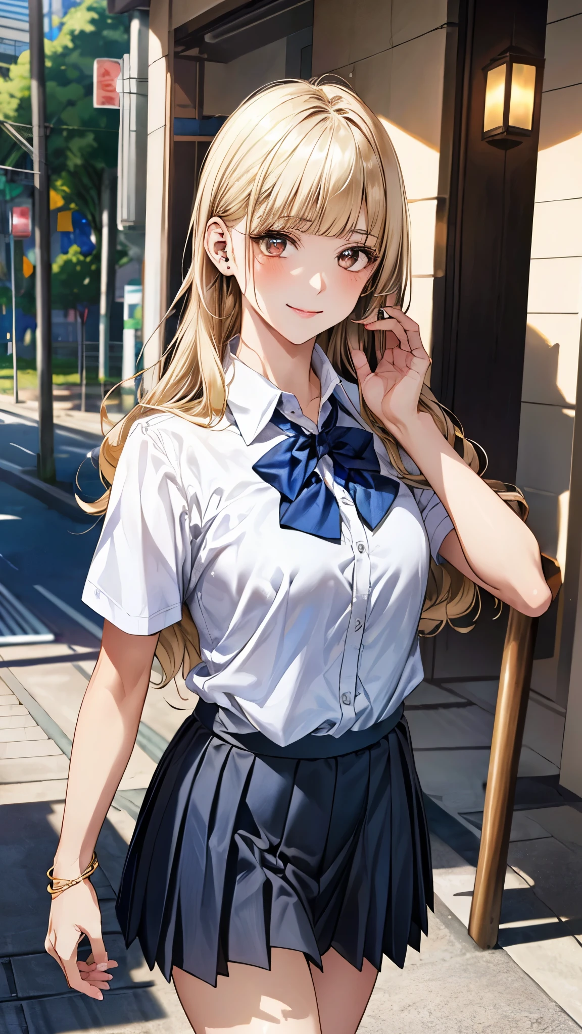 (masterpiece:1.2, top-quality), (realistic, photorealistic:1.4), beautiful illustration, (natural side lighting, movie lighting),
looking at viewer, full body, front view:0.6, 1 girl, japanese, high school girl, perfect face, cute and symmetrical face, shiny hair, shiny skin,
(long hair:1.2, straight hair:1.7, sideburns, ash blonde hair hair), asymmetrical bangs, blunt bangs, (gold eyes), long eye lasher, (middle breasts),
beautiful hair, beautiful face, beautiful detailed eyes, beautiful clavicle, beautiful body, beautiful chest, beautiful thigh, beautiful legs, beautiful fingers,
((short sleeve white collared shirt, blue bow tie, dark blue pleated skirt), wrist chouchou),
(beautiful scenery), sidewalk, (walking, skirt hold), (false smile),