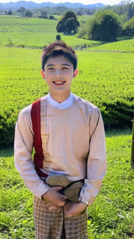 20 years old Beautiful Burmese in traditional dress boy Smiling face, friendly look, smiling at the camera, detailed clear view background, pagodas seen in the distance, farmland, natural beauty fullbudy
