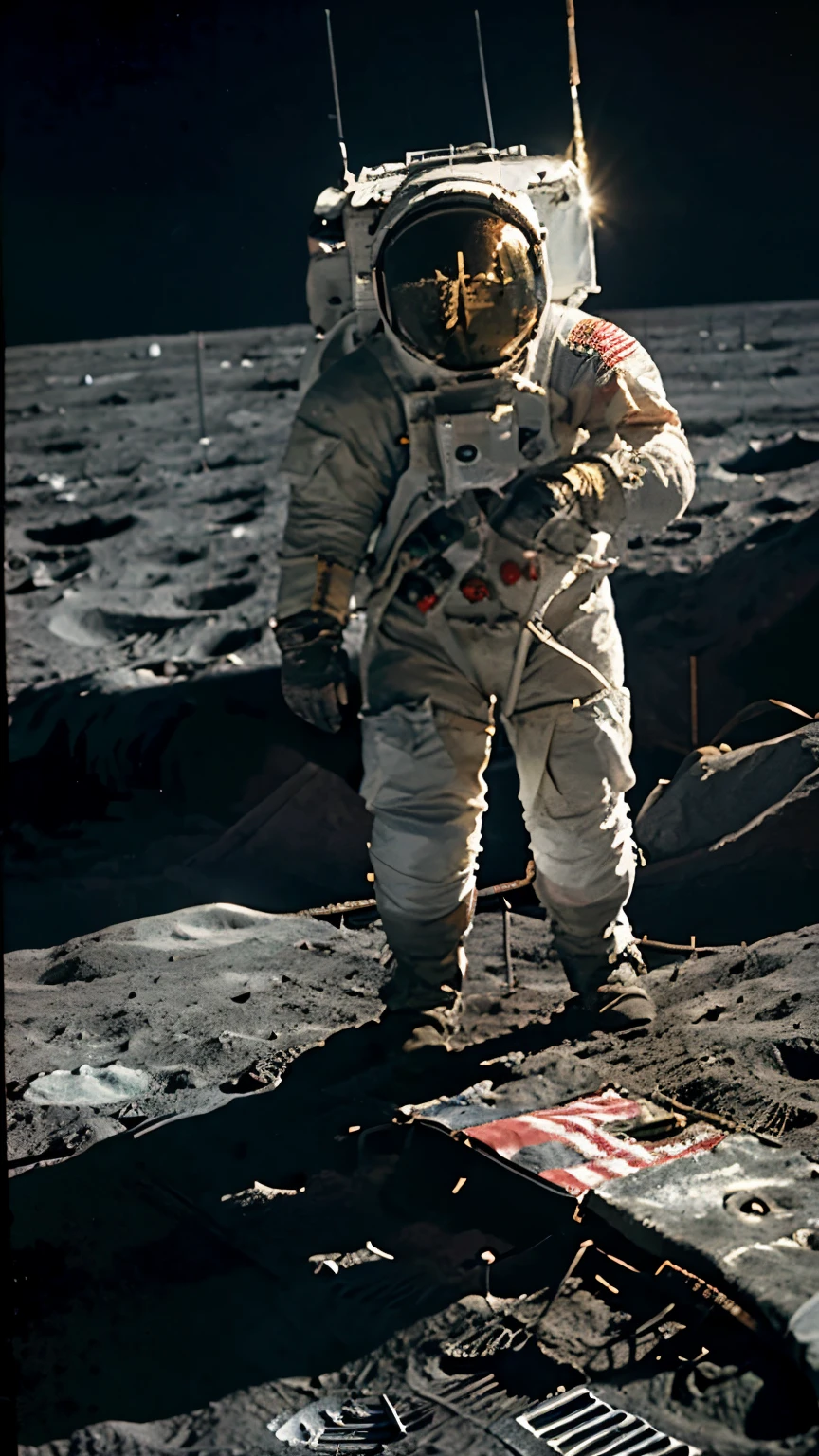 Landing on the Moon: The image shows the lunar surface, with Apollo 11 landing gently, leaving a light cloud of lunar dust. Neil Armstrong descends the ladder of the lunar module, with the American flag in the background, while Buzz Aldrin watches him from the module door. Michael Collins orbits the moon in the command module.