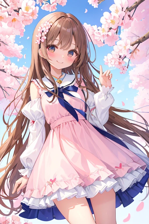 beautiful illustrations, highest quality, pretty girl,beautiful girl、clear face、 half girl、pastel colour 、brown hair、black eyes、smile、blush、にこやかなsmile、thighs、perfect hands、five fingers、cherry blossoms吹雪、cherry blossoms、fantasy、fantasy、white dress