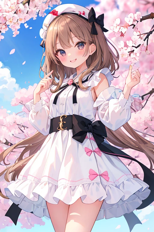 beautiful illustrations, highest quality, pretty girl,beautiful girl、clear face、 half girl、pastel colour 、brown hair、black eyes、smile、blush、にこやかなsmile、thighs、perfect hands、five fingers、cherry blossoms吹雪、cherry blossoms、fantasy、fantasy、white dress