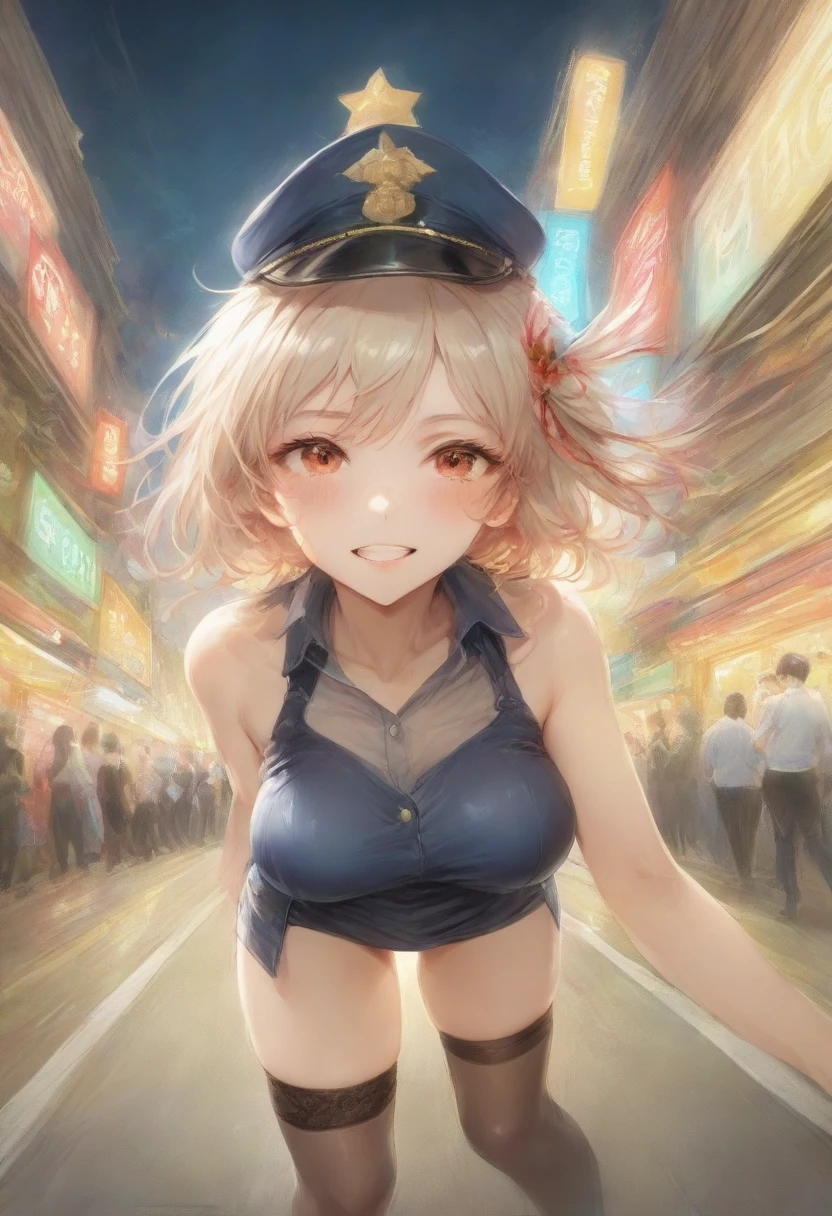 masterpiece, best quality, very aesthetic, absurdres, full body shot,(police costume:1.3), (button gap:0), police skirt, police cap, stockings with garter, on the crowed street, spirit of the wind, 1girl, nishikigi chisato, lycoris recoil