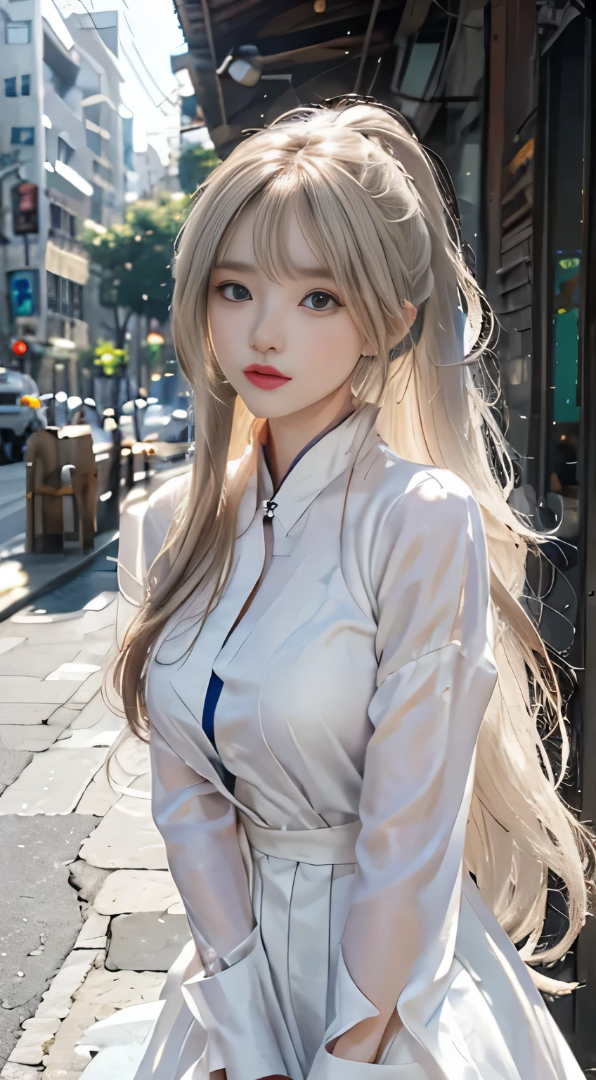 outside、swaying bangs、ultimate beautiful girl、bangs care、ponytail、hair care、very beautiful 18 year old cute girl、white and young beautiful skin、Sexy and very beautiful beauty、very cute face，extremely beautiful、Super long shiny natural platinum blonde、Silky Straight Hair、big blue eyes，translucent、