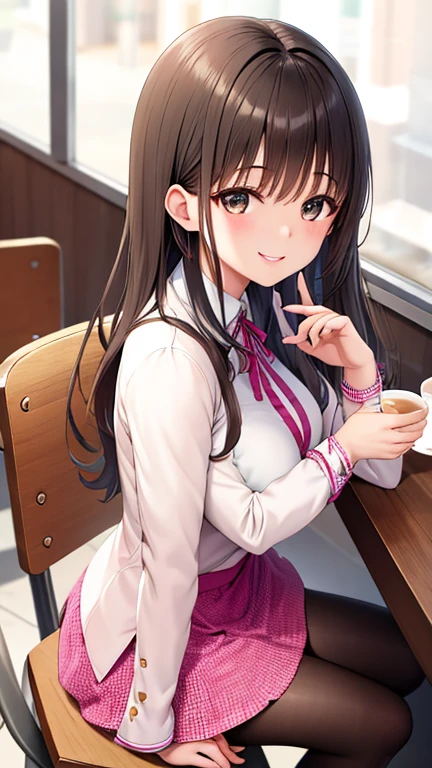 Smiling and talking to me ,  pastel colored date clothes , During a date at a cafe. She is sitting next to the counter.  , On a date ,  various poses ,  various angles ,  various top and bottom angles , micro mini skirt